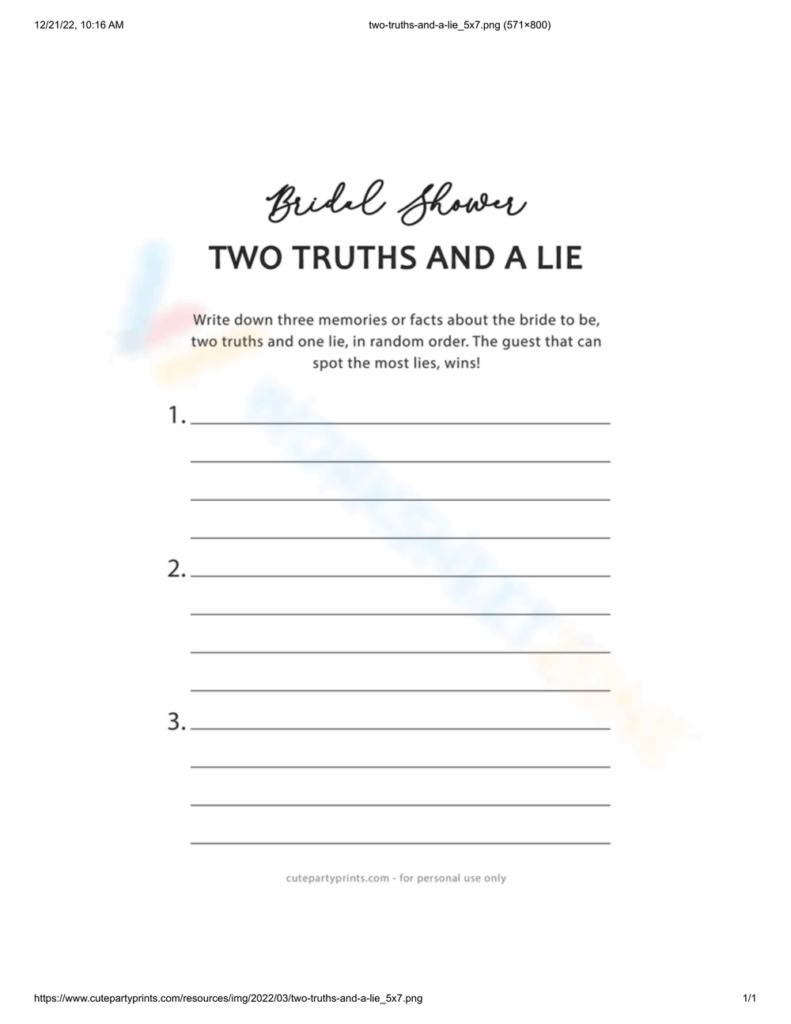 A bridal-shower “Two Truths and a Lie” worksheet explains the activity and provides three numbered sections with blank lines for writing memories or facts.