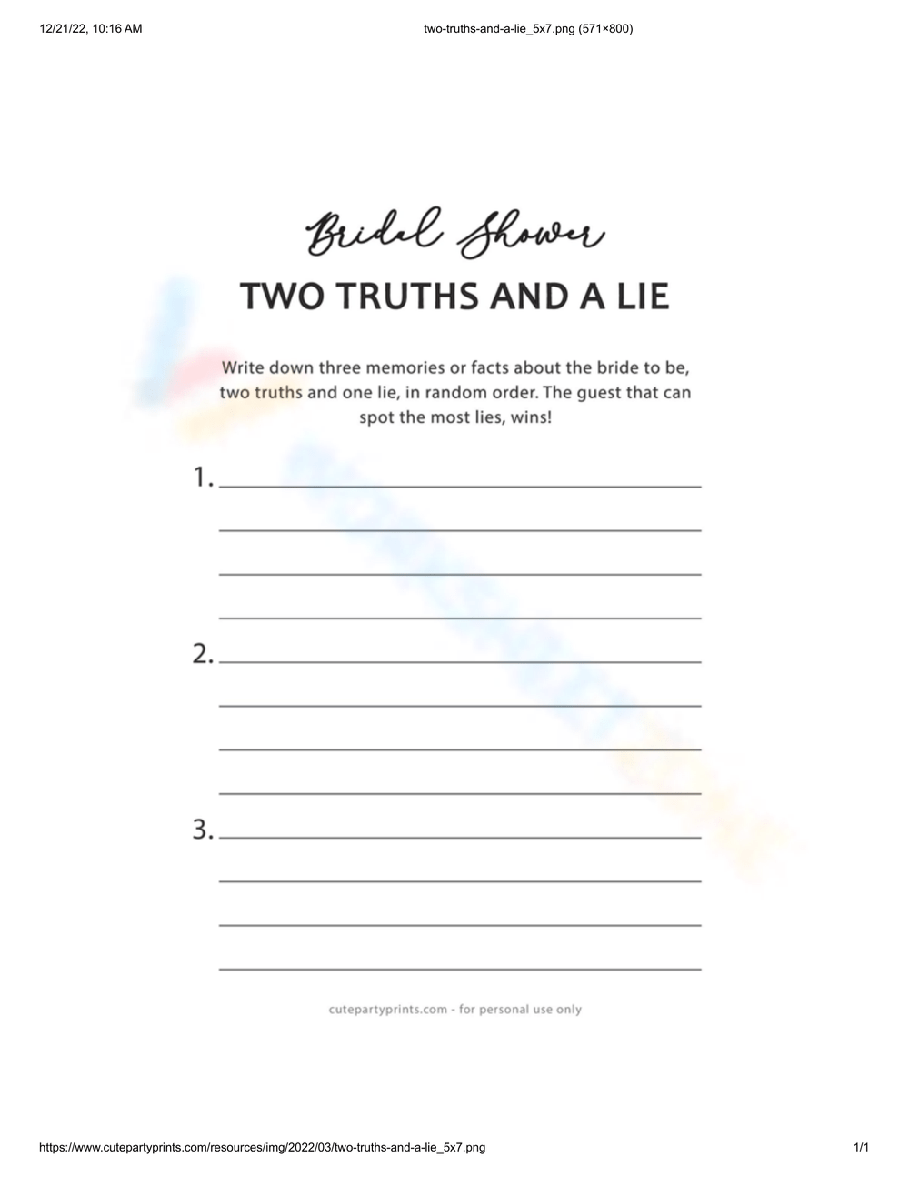 A bridal-shower “Two Truths and a Lie” worksheet explains the activity and provides three numbered sections with blank lines for writing memories or facts.
