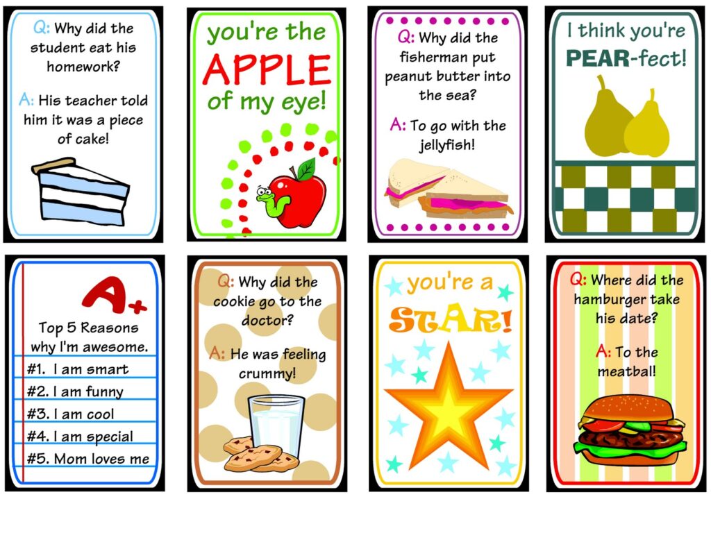 Eight colorful lunchbox notes with jokes, compliments, and encouragement, illustrated with a cake slice, apple, sandwiches, pears, cookies, star, and hamburger.