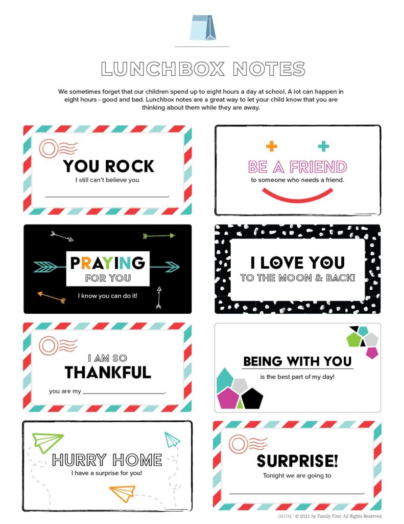 A page of printable lunchbox notes with encouraging messages such as “You Rock,” “Be a Friend,” and “I Love You to the Moon & Back,” plus blank lines for personal notes.