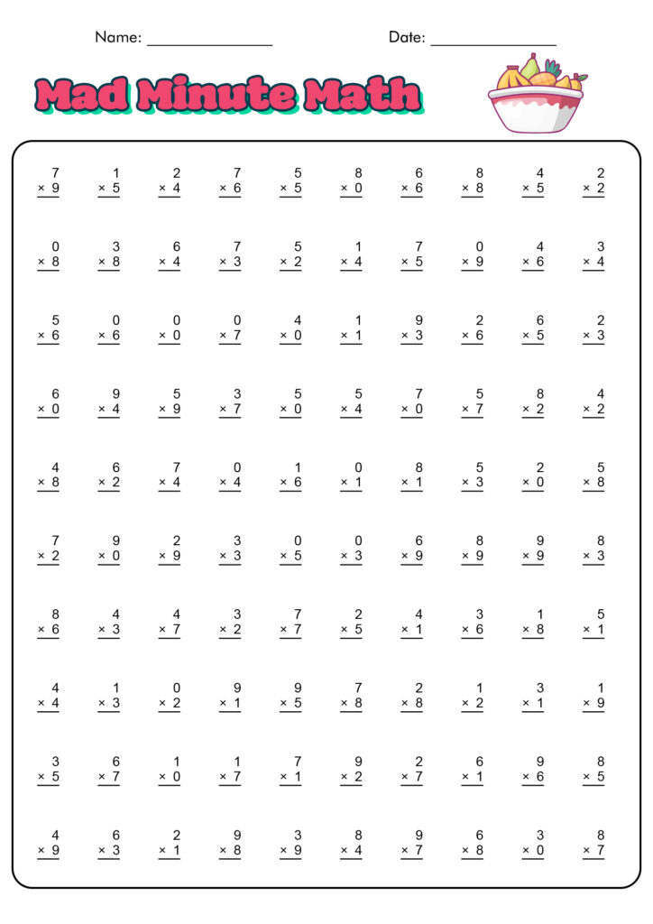 A “Mad Minute Math” worksheet with name and date lines, a fruit-bowl illustration, and rows of single-digit multiplication problems.