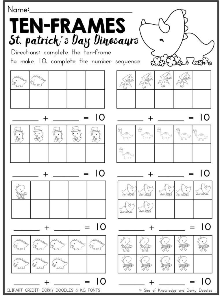 A dinosaur ten-frame worksheet with multiple grids, some filled with dinosaur pictures, and blank number sentences for completing sums to 10.