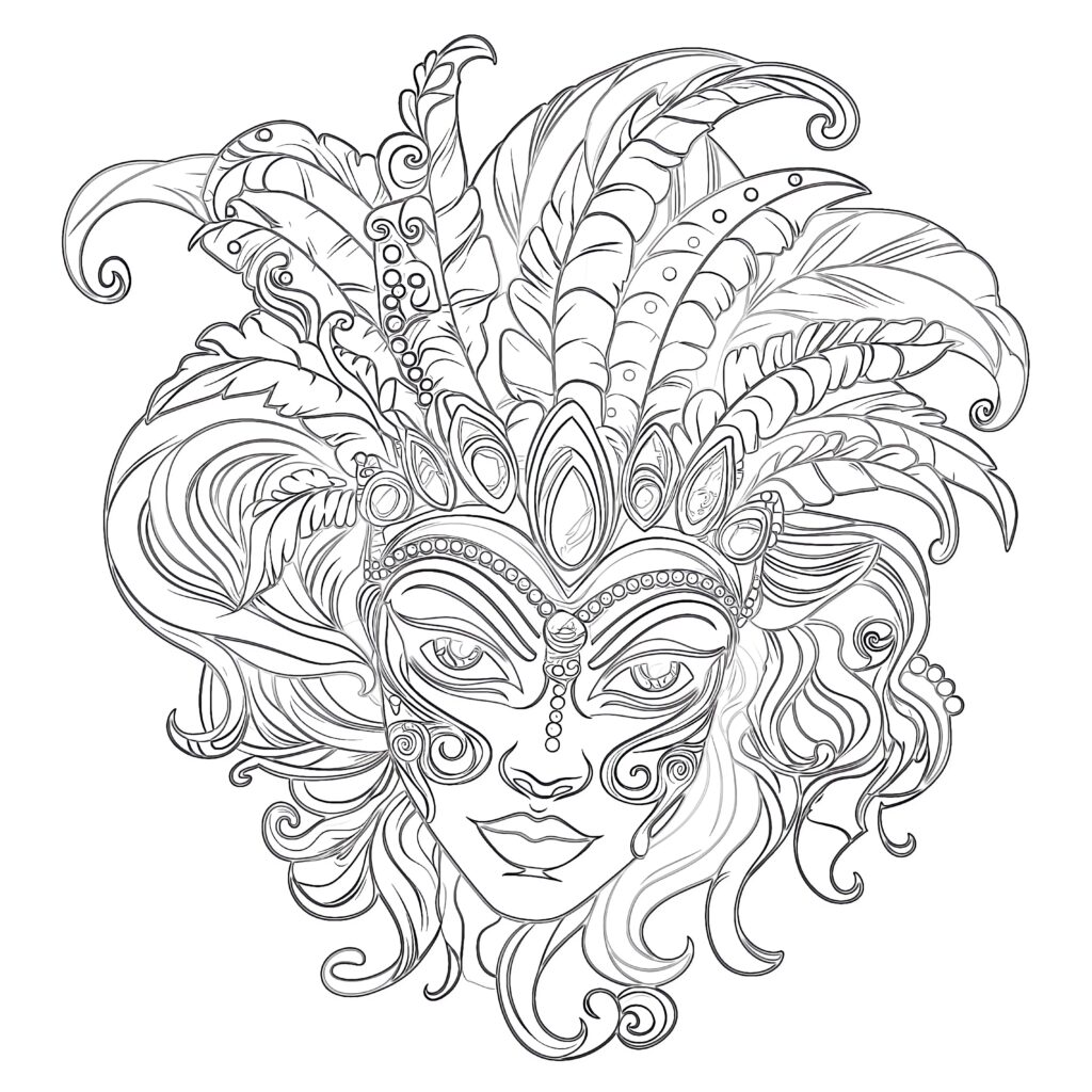 Intricate outline drawing of a Mardi Gras masquerade mask with jeweled details, flowing curls, and a large feathered headdress.