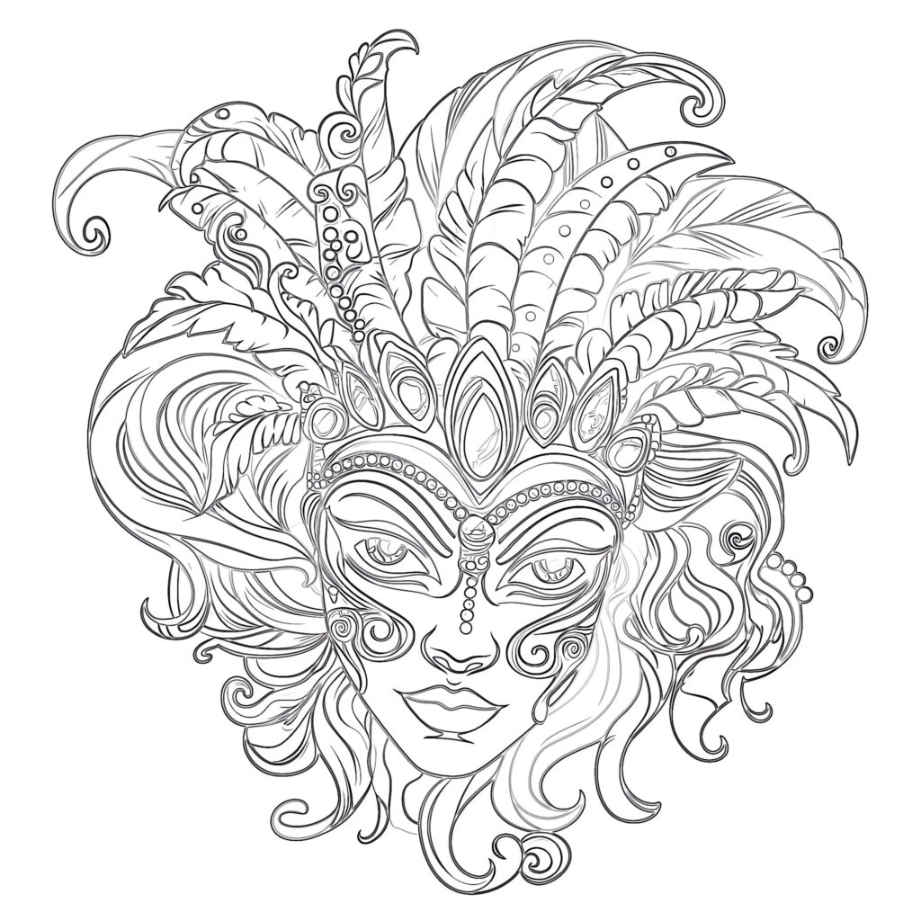 An intricate black-and-white coloring illustration of a woman wearing a jeweled Mardi Gras mask and an elaborate feathered headdress.