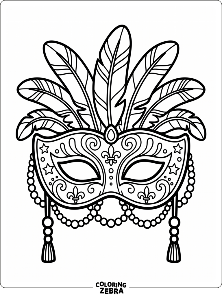 Black-and-white coloring page of an ornate Mardi Gras mask with feathers, beads, stars, and tassels.