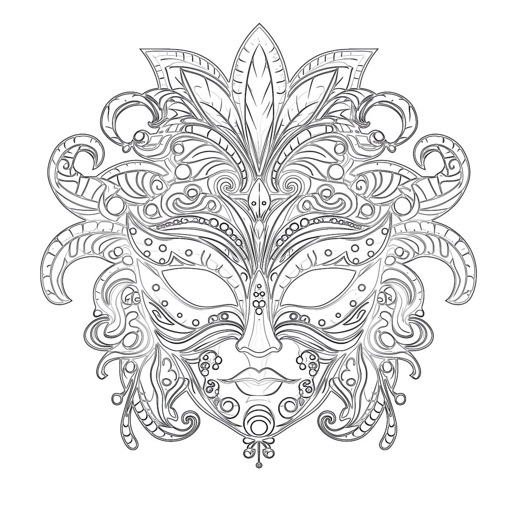 An intricate, symmetrical Mardi Gras mask coloring page with elaborate feathers, swirls, and decorative details.