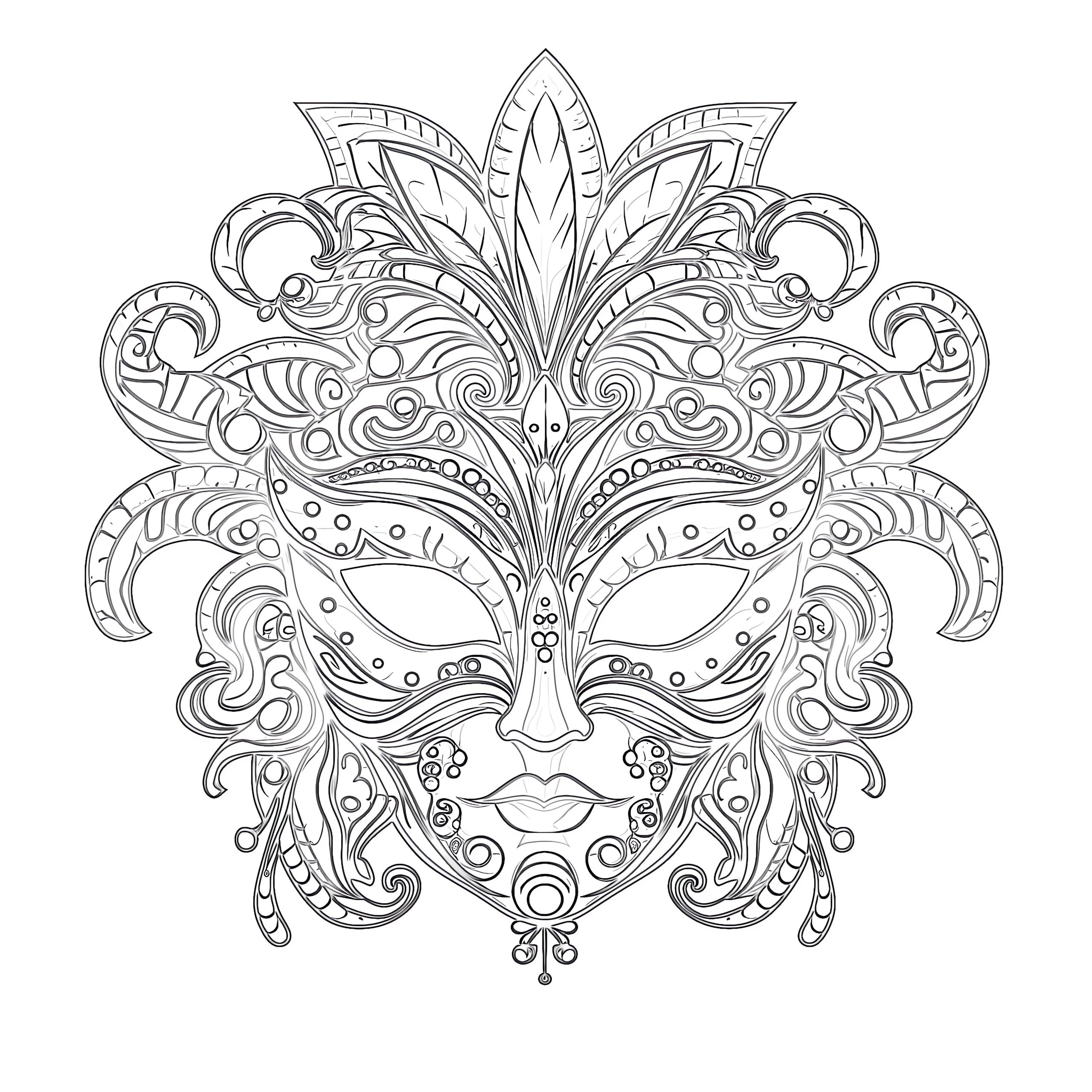 Intricately patterned masquerade mask coloring page with symmetrical feathers, scrollwork, and decorative details.