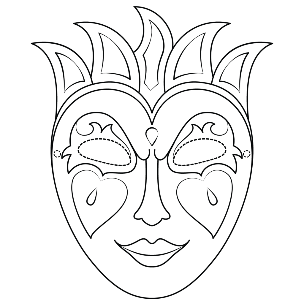Coloring-page outline of a decorative Mardi Gras mask with feather-like shapes, patterned eye areas, teardrops, and a smiling face.