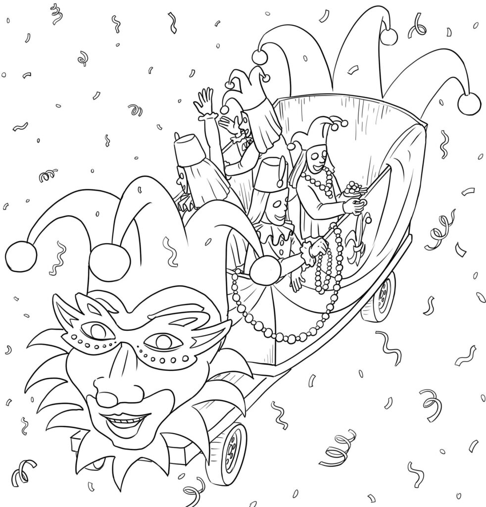 Mardi Gras coloring page showing a masked jester in the foreground and a parade float carrying costumed revelers, with beads and confetti.