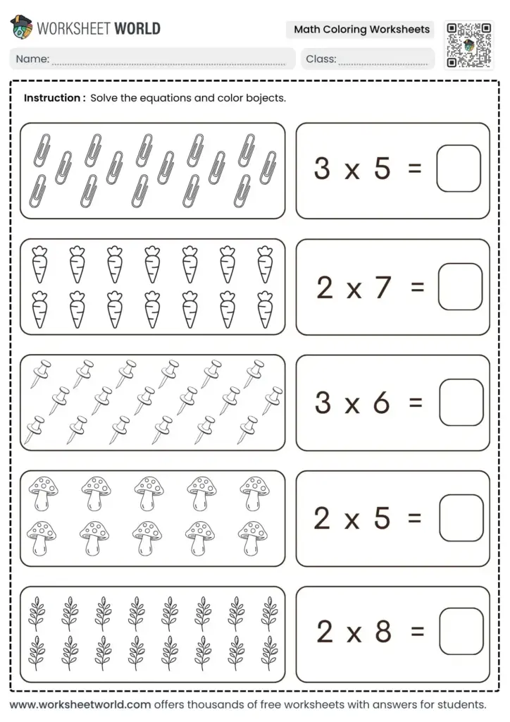 A multiplication worksheet shows groups of paper clips, carrots, pushpins, mushrooms, and plants beside equations with blank answer boxes. Students are instructed to solve the equations and color the objects.