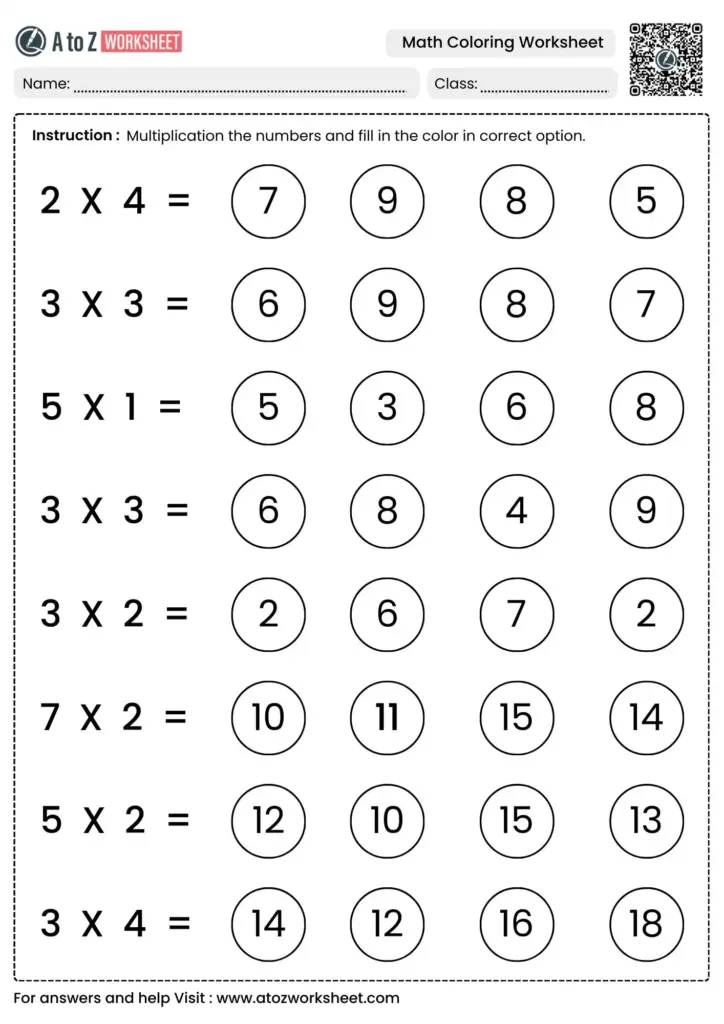A multiplication coloring worksheet asks students to solve eight equations and fill in the circle with the correct answer.