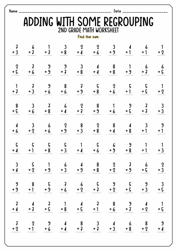 A second-grade math worksheet titled “Adding with Some Regrouping,” with rows of two-digit addition problems and spaces to write the sums.