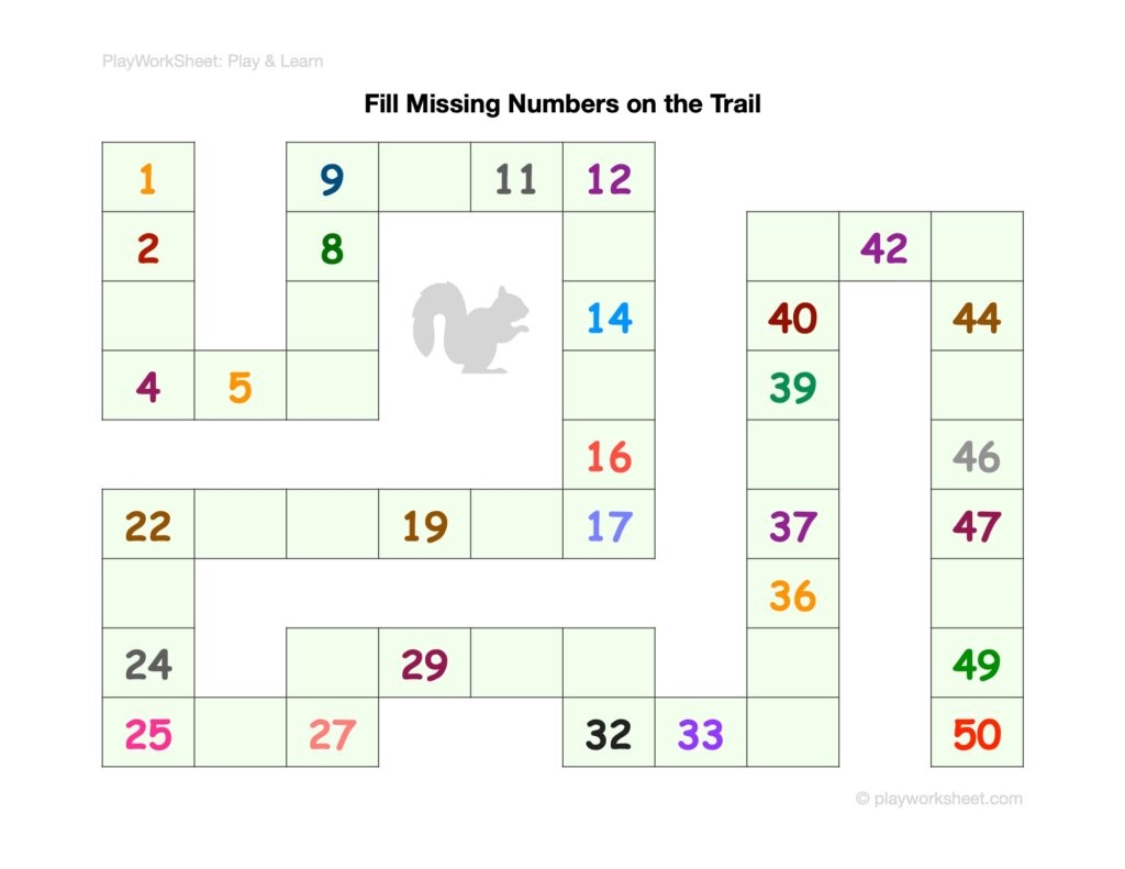 A number-trail worksheet with a winding path of numbered squares from 1 to 50, leaving several spaces blank to be filled in.