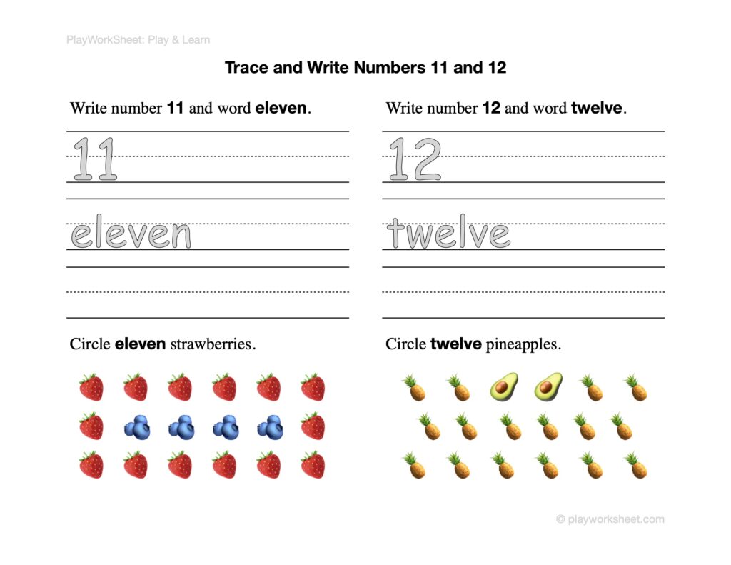 A number worksheet for tracing and writing 11 and 12 and their words, with exercises to circle eleven strawberries and twelve pineapples.