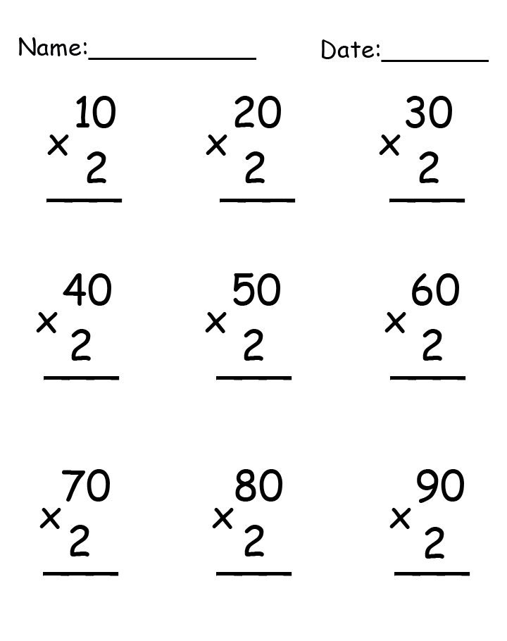 A math worksheet with name and date lines and nine vertical multiplication problems: 10 through 90, each multiplied by 2, with blank answer lines.