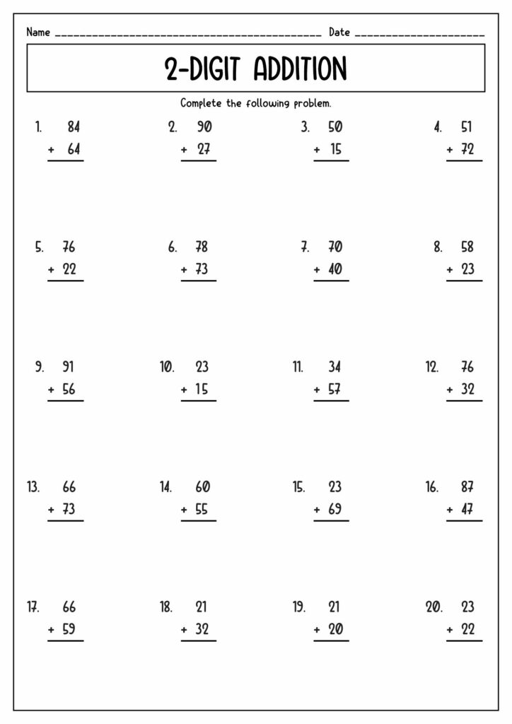 A two-digit addition worksheet with 20 numbered vertical addition problems and blank answer lines.