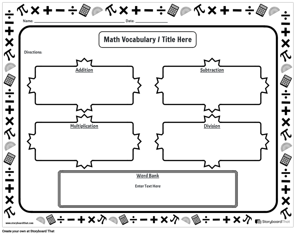 A blank math vocabulary worksheet with labeled spaces for addition, subtraction, multiplication, and division, plus a word bank and name and date lines.