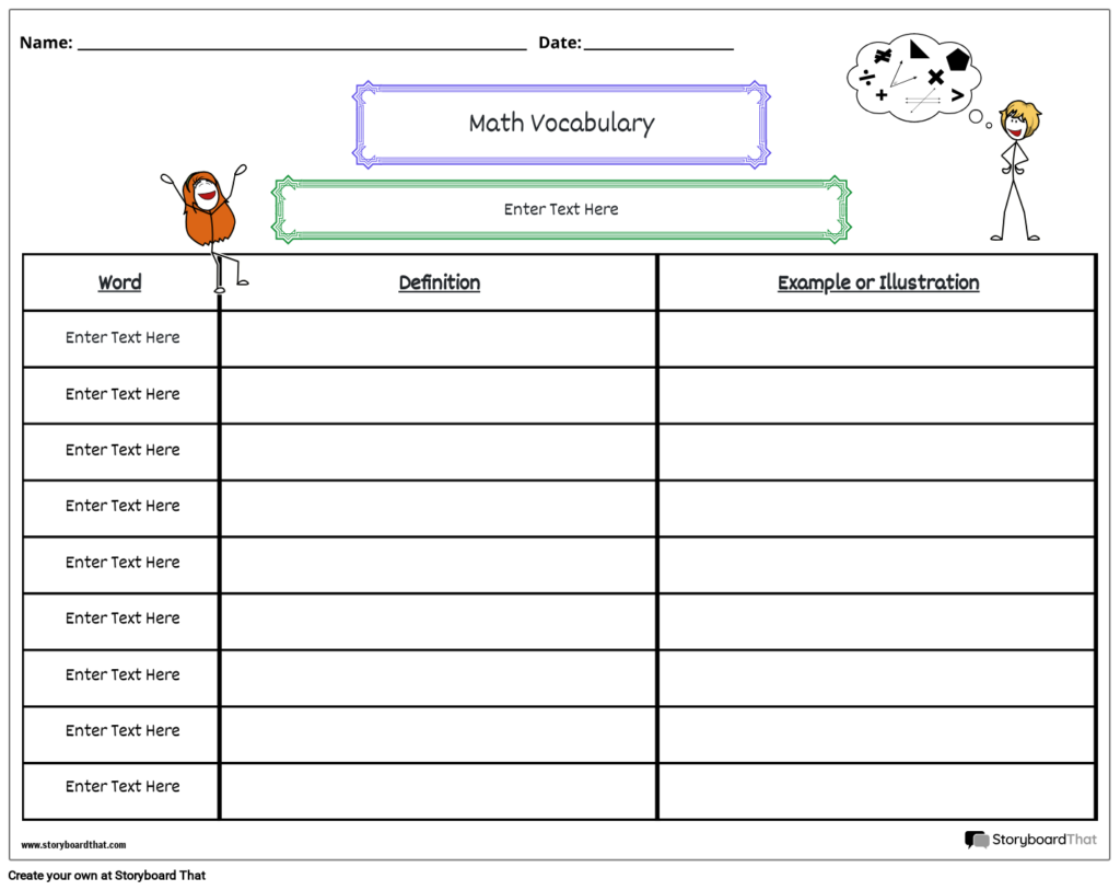 A math vocabulary worksheet with name and date lines, a title, and a table for words, definitions, and examples or illustrations.