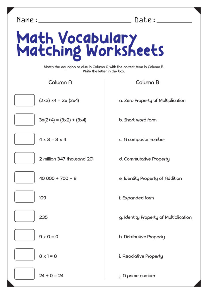 A math vocabulary matching worksheet with number expressions and multiplication and addition properties to match to terms.