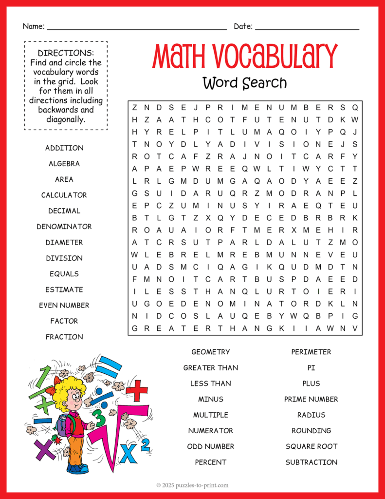 A math vocabulary word-search worksheet with a large letter grid, a list of terms including addition, algebra, and geometry, and a colorful math-themed illustration at the bottom.