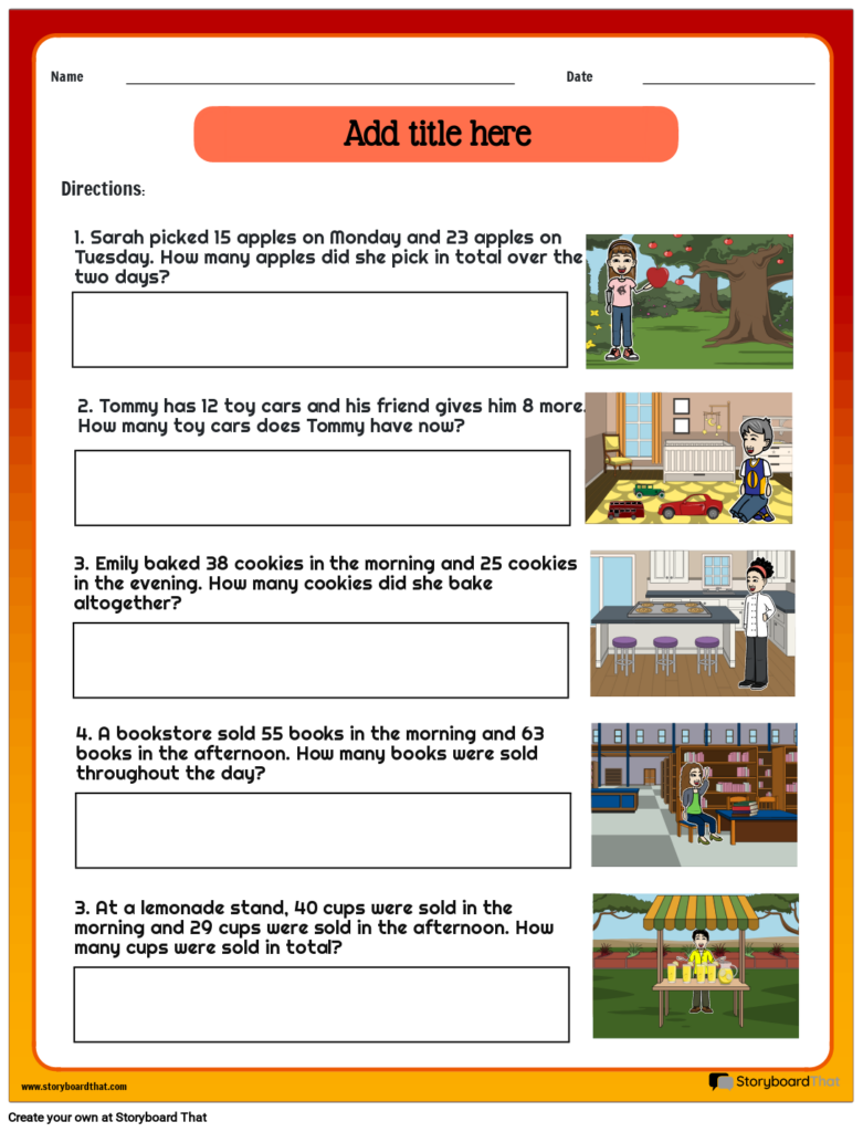 A math worksheet with illustrated addition story problems about apples, toy cars, cookies, books, and lemonade, each followed by a blank answer box.