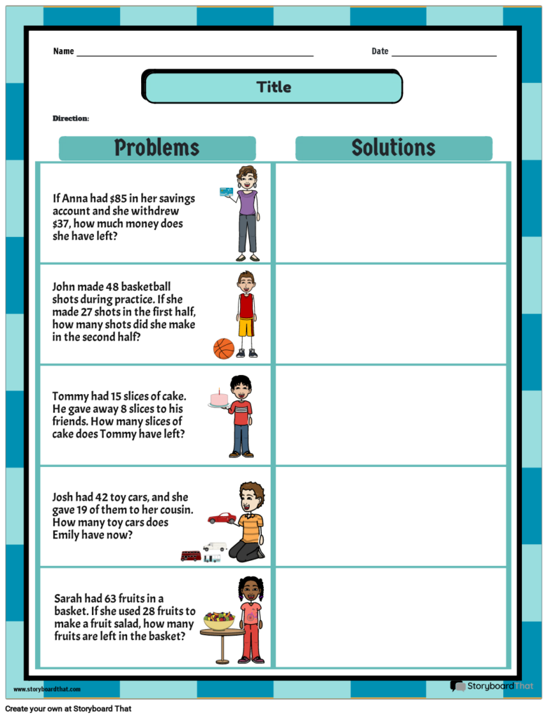 A math worksheet with five subtraction story problems about savings, basketball shots, cake, toy cars, and fruit, each beside a small illustration and a blank solution area.