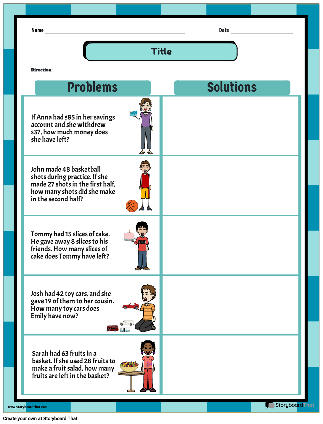 A math worksheet with five subtraction story problems about savings, basketball shots, cake, toy cars, and fruit, each beside a small illustration and a blank solution area.