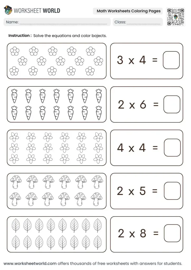 A multiplication worksheet asks students to count groups of flowers, carrots, mushrooms, and leaves, then solve the matching equations in blank answer boxes.
