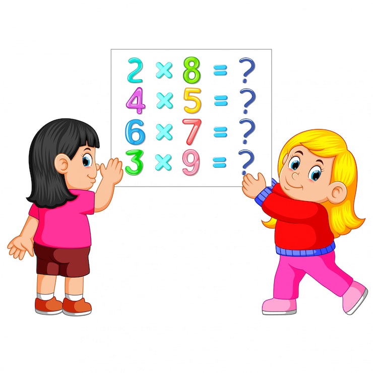 Two cartoon children point to a board showing four multiplication problems with blank answers.