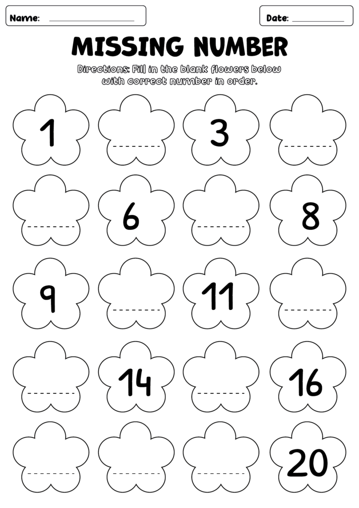 A missing-number worksheet with numbered flower outlines and blank spaces, asking students to fill in the numbers in order from 1 to 20.