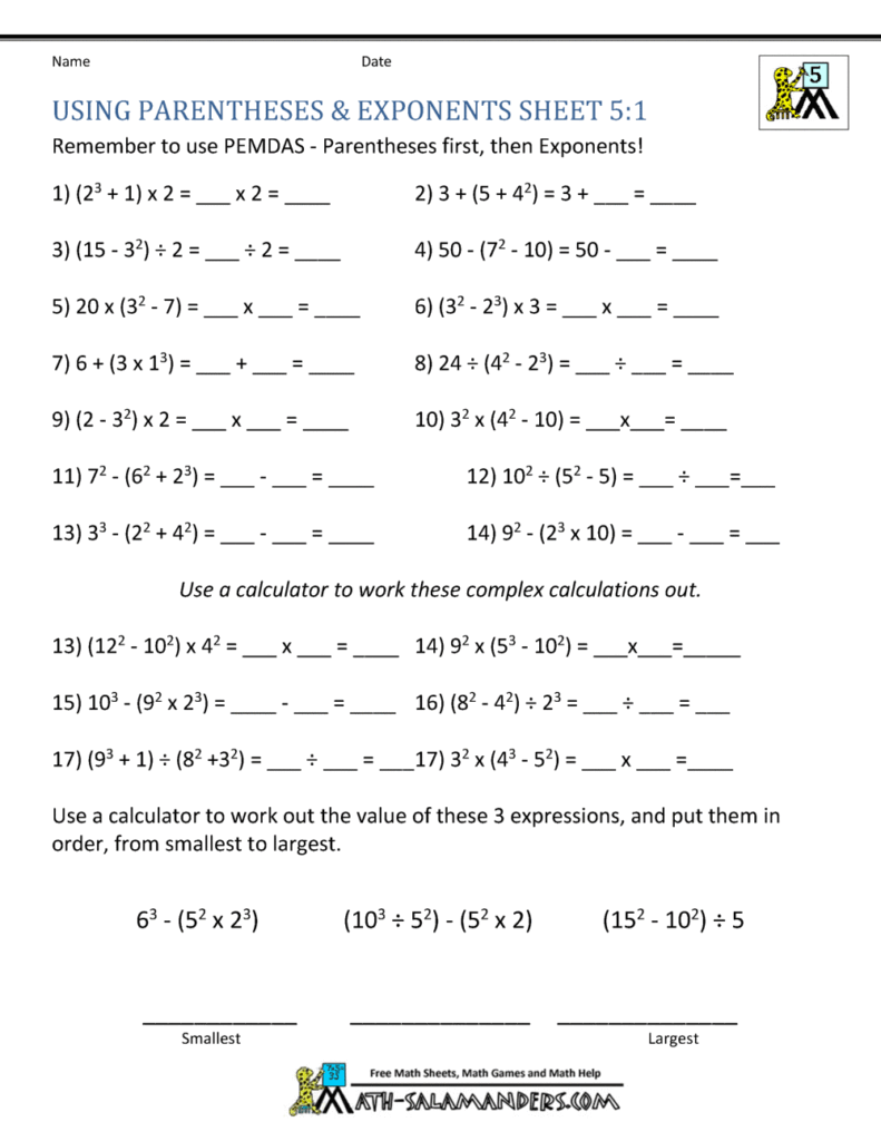 A math worksheet titled “Using Parentheses & Exponents,” with order-of-operations problems, calculator exercises, and a section for ordering expressions from smallest to largest.