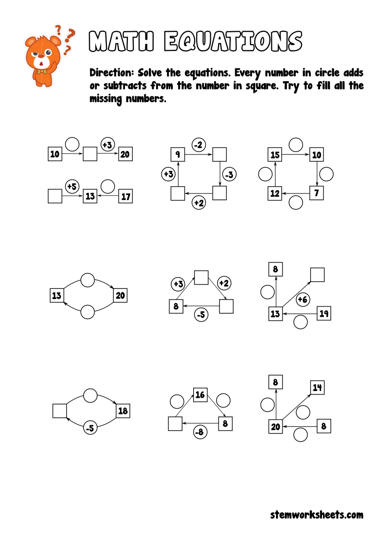 A math worksheet titled “Math Equations” with directions and several number puzzles using boxes, circles, arrows, and addition or subtraction steps.