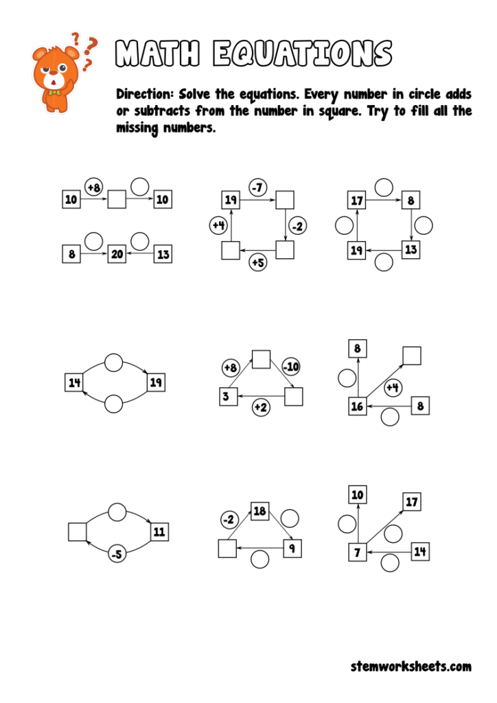 A math equations worksheet with directions to solve number relationships by adding or subtracting. It includes several diagrams with numbered squares, arrows, and empty circles or squares for answers.