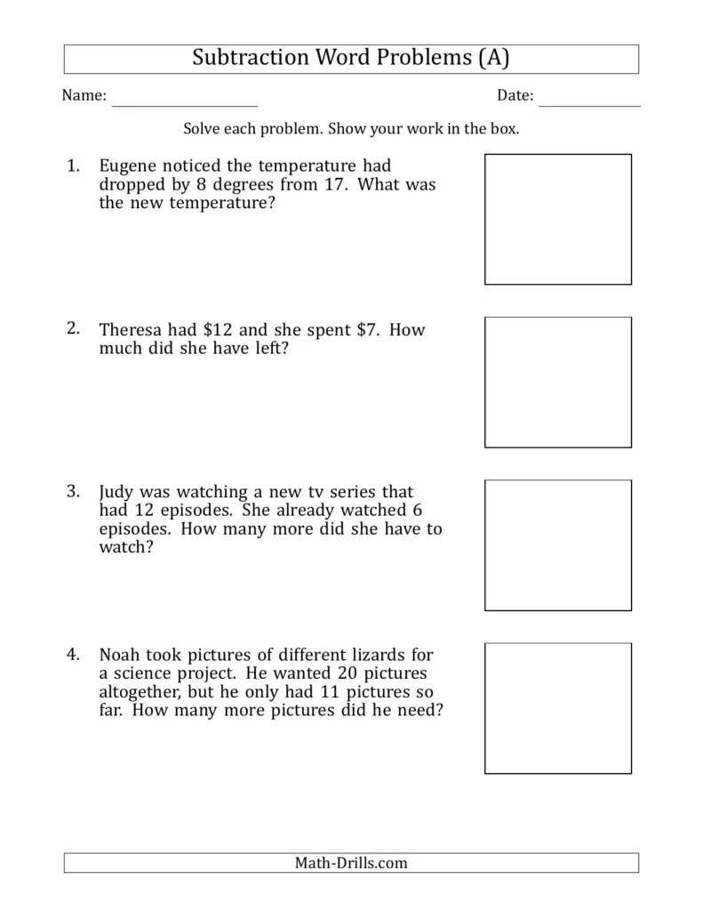 A subtraction word-problem worksheet with four questions about temperature, money, TV episodes, and pictures, each beside a blank box for showing work.