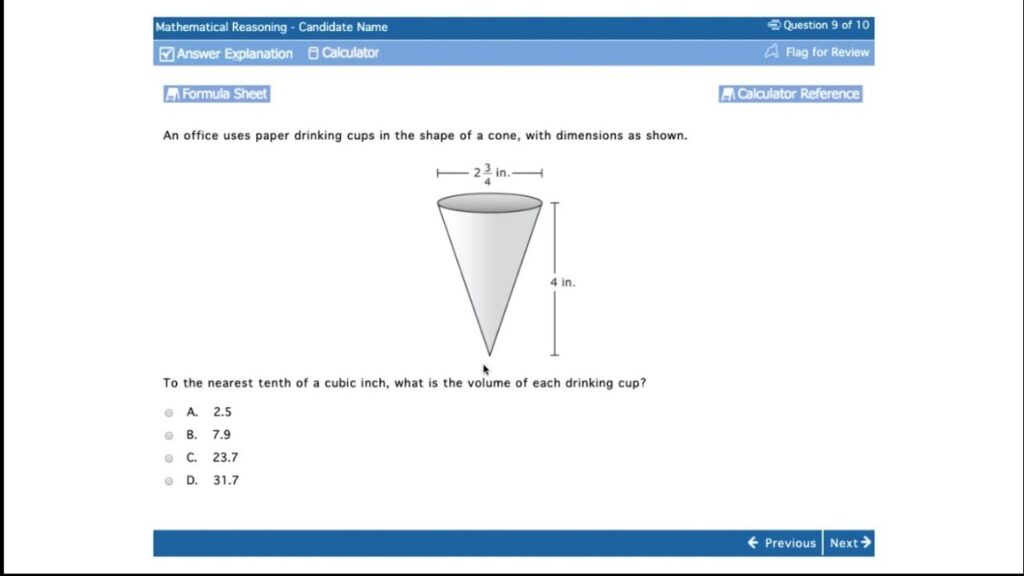A mathematical reasoning test question shows a cone-shaped drinking cup with labeled dimensions and multiple-choice answers asking for its volume.