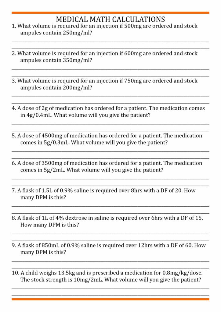 Medical math worksheet with ten numbered medication-dosage and IV drip-rate calculation questions, each followed by blank lines for answers.