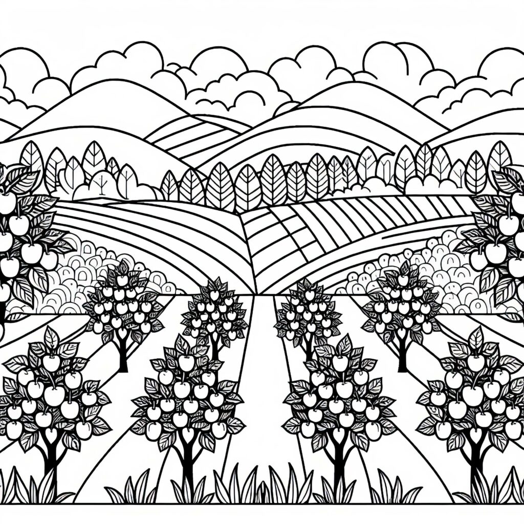 A black-and-white coloring-page illustration of apple trees laden with fruit in orchard rows, with fields, leafy trees, hills, and clouds in the background.