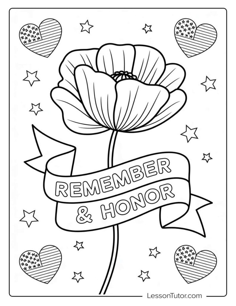 Memorial Day coloring page showing a large flower, patriotic hearts and stars, and a banner reading “Remember & Honor.”.