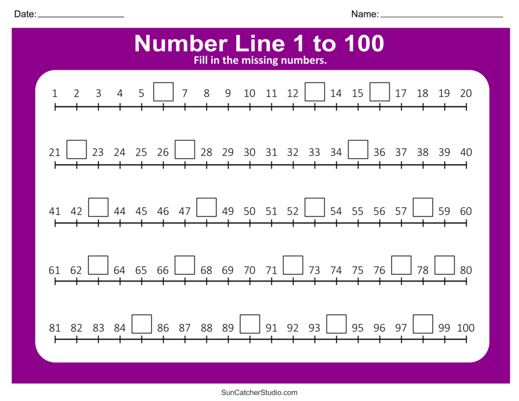 A worksheet with five number lines covering 1 to 100, each containing blank boxes for missing numbers. It includes Date and Name lines at the top.
