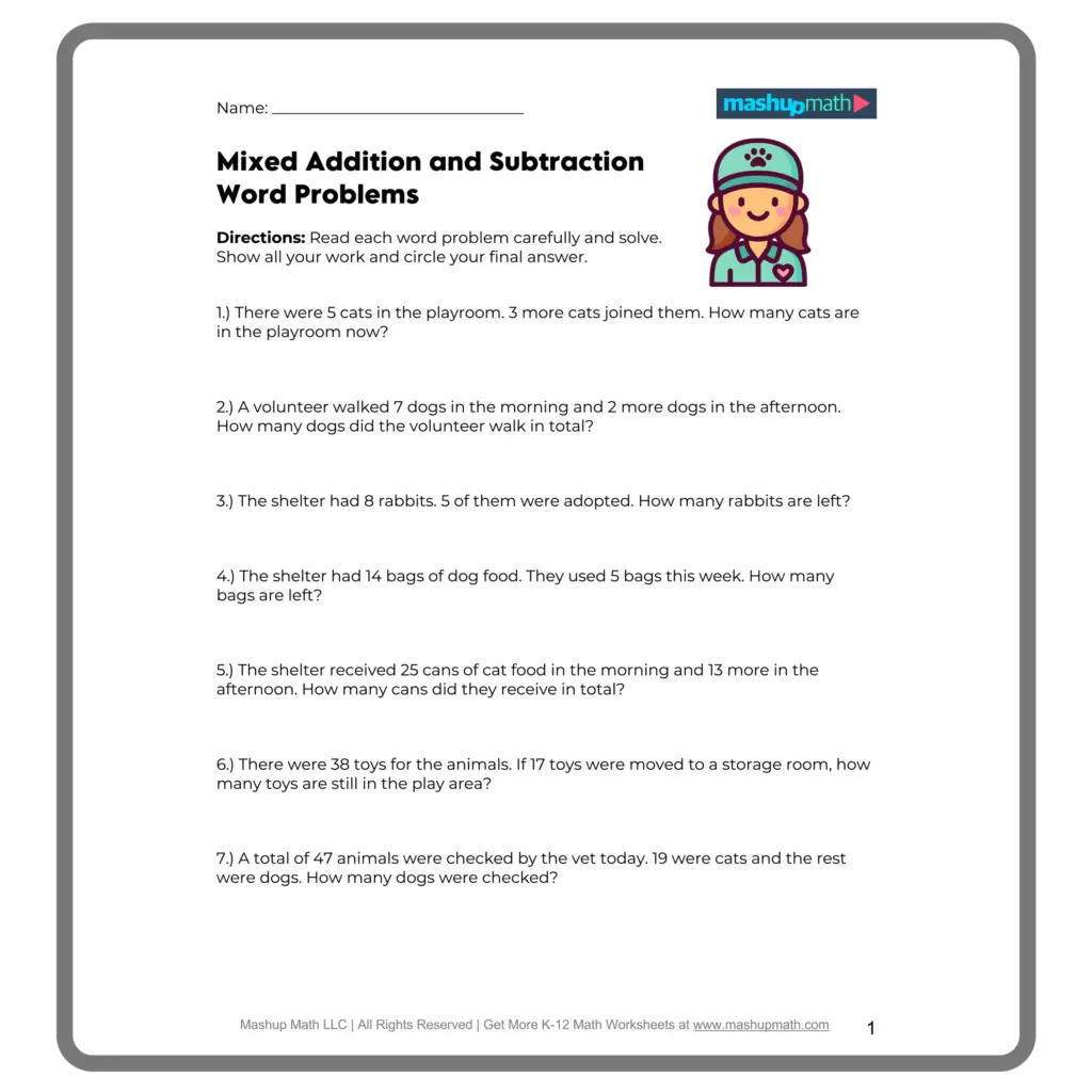 A worksheet titled “Mixed Addition and Subtraction Word Problems,” with seven animal-themed story problems about cats, dogs, rabbits, pet food, toys, and vet visits.
