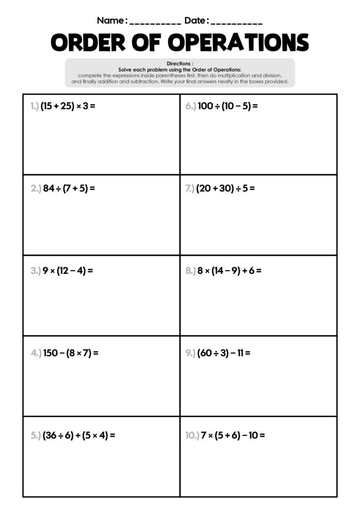 An order-of-operations worksheet with ten arithmetic problems involving parentheses, multiplication, division, addition, and subtraction, each with a large blank space for working.