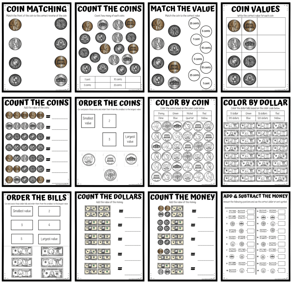 A collage of money math worksheets with coin-matching, counting, value, ordering, coloring, and bill addition activities.