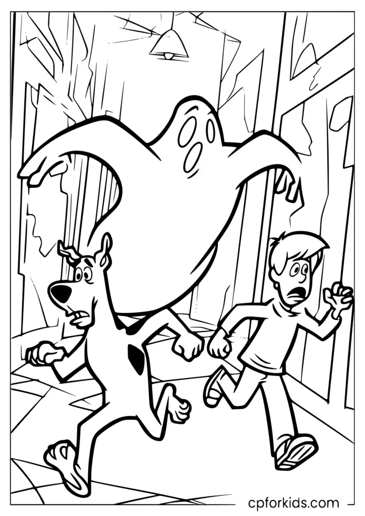 A coloring page shows Scooby-Doo and a frightened person running through a spooky setting as a large ghost floats behind them.