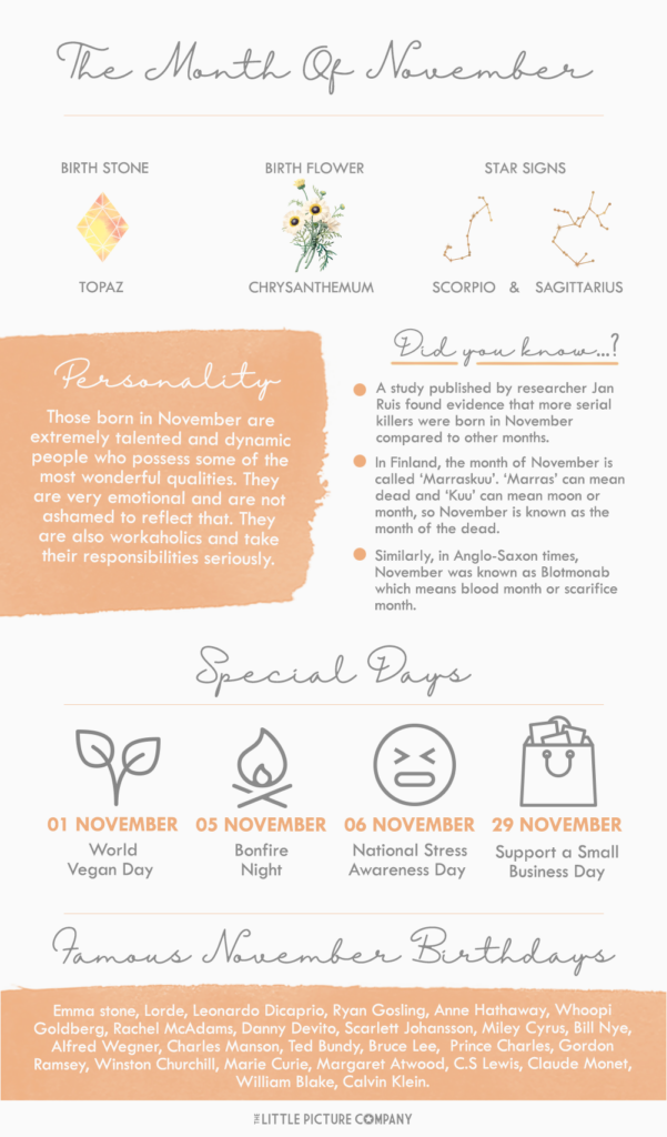 An illustrated November infographic shows topaz, chrysanthemum, Scorpio and Sagittarius, brief facts about November, four special days, and a list of famous November birthdays.
