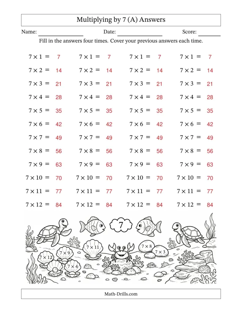 A multiplication-by-7 worksheet with four repeated columns of problems and answers, plus an underwater scene with sea animals and numbered labels.