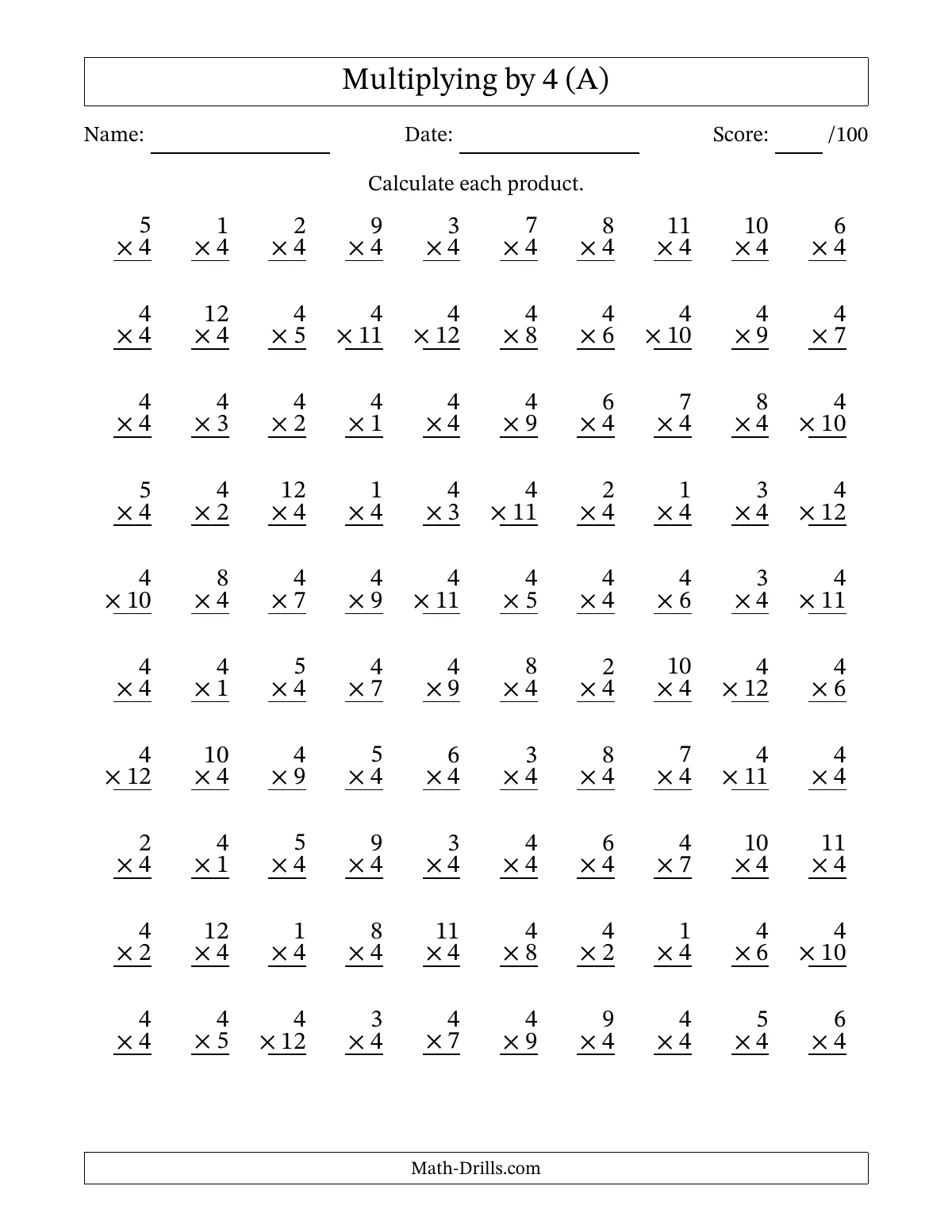 A worksheet titled “Multiplying by 4 (A)” with rows of vertical multiplication problems, name, date, and score fields, and instructions to calculate each product.