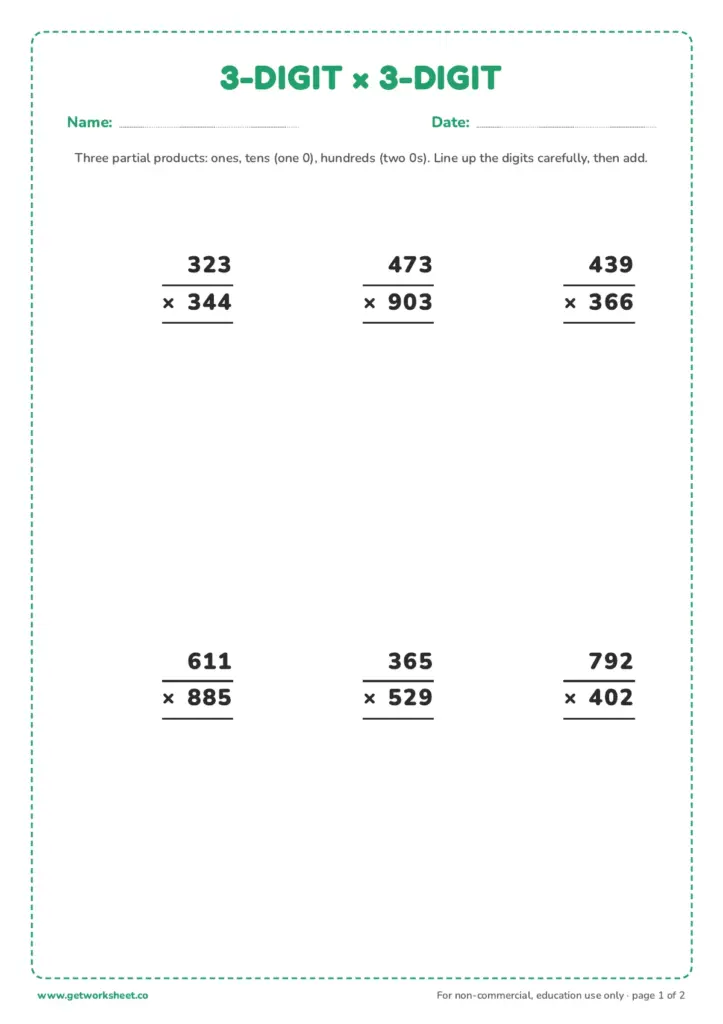 A three-digit multiplication worksheet with six vertical problems and blank space for students to show their work.