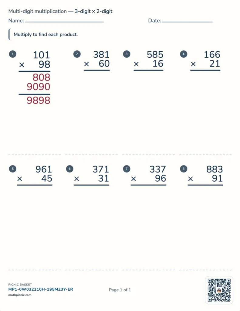 A multi-digit multiplication worksheet with eight problems multiplying three-digit numbers by two-digit numbers, a name and date line, and work space beneath each problem.