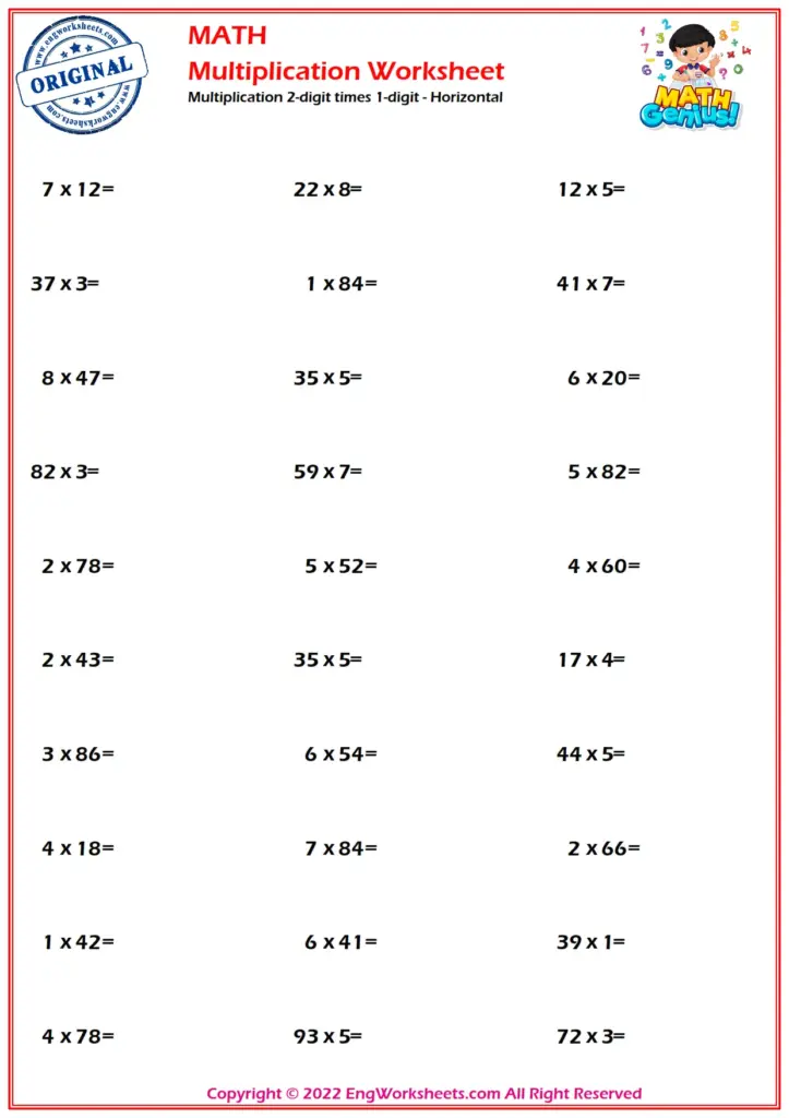 A two-digit multiplication worksheet with 33 horizontal multiplication problems arranged in three columns, each followed by an equals sign and space for an answer.