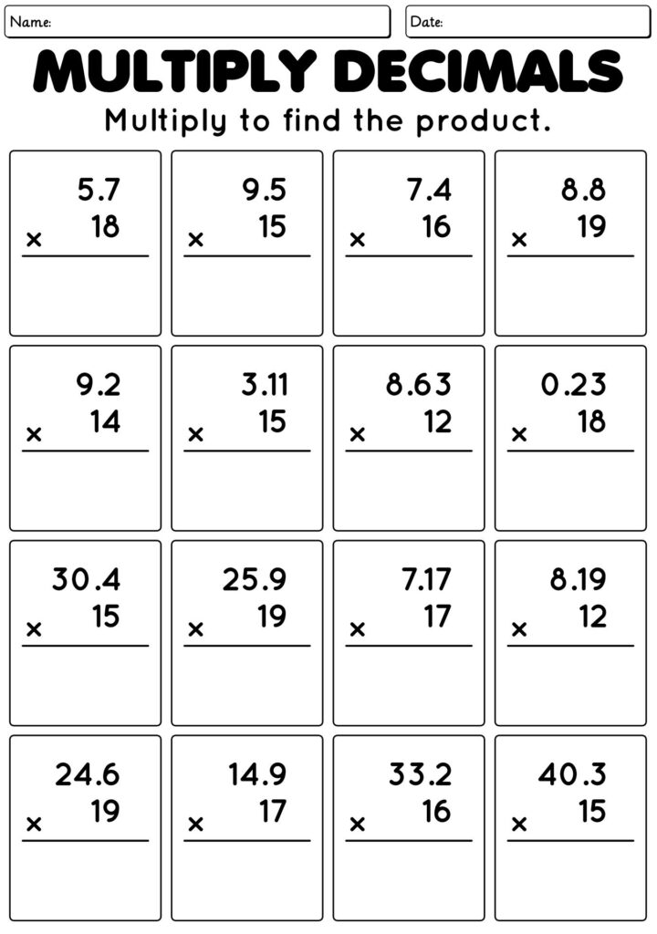 A decimal multiplication worksheet with 16 problems, each showing a decimal number multiplied by a whole number, with blank space for answers.